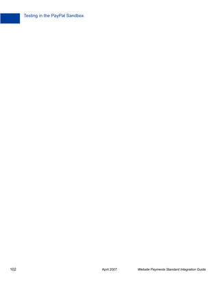 Testing in the PayPal Sandbox

102

April 2007

Website Payments Standard Integration Guide

 