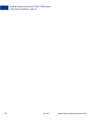 Website Payments Standard HTML FORM Basics
Instant Payment Notification: notify_url

110

April 2007

Website Payments Standard Integration Guide

 