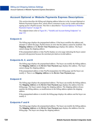 Billing and Shipping Address Settings
Account Optional or Website Payments Express Descriptions

Account Optional or Website Payments Express Descriptions
This section describes the billing and shipping address behavior in the Account Optional or
Website Payments Express flow, which allows customers to pay you by credit card without
signing up for a PayPal account. This flow is described in “Account Optional or Website
Payments Express” on page 30.
The endpoint letters refer to Figure B.1, “Variable and Account Setting Endpoints” on
page 122.

Endpoint A
The billing page displays the prepopulated address. If the buyer modifies the address and
attempts to submit the page, PayPal returns an error that the address cannot be modified. The
Shipping Address on the Review Your Payment page displays this address. The buyer
cannot change the shipping address.
If the prepopulated address is bad, PayPal displays an error page indicating the buyer cannot
proceed with payment because the merchant provided an invalid address.

Endpoints B, C, and D
The billing page displays the prepopulated address. The buyer can modify the billing address.
The Shipping Address on the Review Your Payment page displays this address. The buyer
cannot change the shipping address.
If the prepopulated address is bad, PayPal prepopulates the billing page and the buyer can
modify it. There is no Shipping Address on the Review Your Payment page.

Endpoint E
The billing page displays the prepopulated address. The buyer can modify the billing address.
The Shipping Address on the Review Your Payment page displays the address from the
billing page. The buyer cannot change the shipping address. The shipping address always
matches the billing address, so modifications to the billing address updates the shipping
address.
If the prepopulated address is invalid, the billing page displays the address and the buyer can
modify it.

Endpoints F and H
The billing page displays the prepopulated address. The buyer can modify the billing address.
The Shipping Address on the Review Your Payment page displays the adddress from the
billing page. The buyer can change the shipping address.

124

Website Payments Standard Integration Guide

 