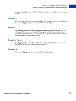 Billing and Shipping Address Settings
Account Optional or Website Payments Express Descriptions

If the prepopulated address is invalid, the billing page displays the address and the buyer can
modify it.

Endpoint G
The billing page displays the prepopulated address. The buyer can modify the billing address.
There is no Shipping Address on the Review Your Payment page.

Endpoint I
The Shipping Address on the Review Your Payment page displays the address from the
billing page. The buyer cannot change the shipping address. The shipping address should
always match the billing address, so if the user modifies the billing information and address,
the shipping address will be updated as well.

Endpoints J and L
The Shipping Address on the Review Your Payment page displays the address from the
billing page. The buyer can change the shipping address.

Endpoint K
There is no Shipping Address on the Review Your Payment page.

Website Payments Standard Integration Guide

125

 