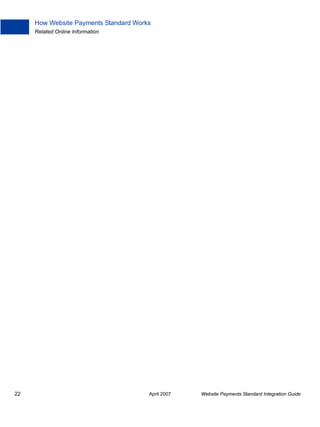 How Website Payments Standard Works
Related Online Information

22

April 2007

Website Payments Standard Integration Guide

 