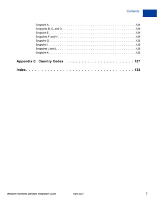Contents

Endpoint A . . . . . . . . . . . . . . . . . . . . . . . . . . . . . . . . . . . . . . . .124
Endpoints B, C, and D . . . . . . . . . . . . . . . . . . . . . . . . . . . . . . . . . .124
Endpoint E . . . . . . . . . . . . . . . . . . . . . . . . . . . . . . . . . . . . . . . .124
Endpoints F and H . . . . . . . . . . . . . . . . . . . . . . . . . . . . . . . . . . . .124
Endpoint G . . . . . . . . . . . . . . . . . . . . . . . . . . . . . . . . . . . . . . . .125
Endpoint I . . . . . . . . . . . . . . . . . . . . . . . . . . . . . . . . . . . . . . . .125
Endpoints J and L . . . . . . . . . . . . . . . . . . . . . . . . . . . . . . . . . . . .125
Endpoint K . . . . . . . . . . . . . . . . . . . . . . . . . . . . . . . . . . . . . . . .125

Appendix C Country Codes

. . . . . . . . . . . . . . . . . . . . . . 127

Index . . . . . . . . . . . . . . . . . . . . . . . . . . . . . . . . . . . 133

Website Payments Standard Integration Guide

April 2007

7

 