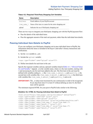 Multiple-Item Payment: Shopping Cart
Adding PayPal to Your Third-party Shopping Cart
TABLE 4.1 Required Third-Party Shopping Cart Variables
Name

Description

business

Email address of your PayPal account

item_name_1

Name of the item or a name for the entire shopping cart

upload

Indicates the use of third-party shopping cart

There are two ways to integrate your third-party shopping cart with the PayPal payment flow:
Pass the details of the individual items.
Pass the aggregate amount of the total cart payment, rather than the individual item details.

Passing Individual Item Details to PayPal
If you can configure your third-party shopping cart to pass individual items to PayPal, the
information about the items is included in the buyer’s and seller’s history transactions and
notifications.
1. Set the cmd variable to _cart.
2. Include the upload variable:
<input type="hidden" name="upload" value="1">

3. Define item details for each item in the cart.
Specify the required variables and any optional variables listed inTable A.1, “Allowed Values
for cmd Variable.” Append _x to the variable name, where x is the item number, starting with
1 and increasing by one for each item added to the cart. The first item in the cart must be
defined with variables ending in _1, like item_name_1, amount_1, and quantity_1; the
second item with variables like item_name_2, amount_2, and quantity_2; the third item
with variables like item_name_3, amount_3, and quantity_3; and so on.
IMPO RTANT: The _x values must increment by one continuously in order to be recognized.

If you skip from item #1 to item #3 without defining an item #2, the third
item will be ignored.
The minimum required HTML for your post to PayPal looks similar to the following.
EXAMPLE 4.1 HTML for Passing Individual Item Detail to PayPal
<form action=”https://www.paypal.com/cgi-bin/webscr” method=”post”>
<input type=”hidden” name=”cmd” value=”_cart”>
<input type=”hidden” name=”upload” value=”1”>
<input type=”hidden” name=”business” value=”seller@designerfotos.com”>
<input type=”hidden” name=”item_name_1” value=”Item Name 1”>
<input type=”hidden” name=”amount_1” value=”1.00”>
<input type=”hidden” name=”item_name_2” value=”Item Name 2”>
<input type=”hidden” name=”amount_2” value=”2.00”>

Website Payments Standard Integration Guide

April 2007

77

 