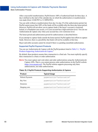 Using Authorization & Capture with Website Payments Standard
Basic Authorization Process

After a successful reauthorization, PayPal honors 100% of authorized funds for three days. A
day is defined as the start of the calendar day on which the authorization or reauthorization
was made (from 12AM PST to 11:50PM PST).
You can settle without a reauthorization from day 4 to day 29 of the authorization period, but
PayPal cannot ensure that 100% of the funds will be available after the three-day honor period.
However, PayPal will not allow you to capture funds if the buyer’s account is restricted,
locked, or a fraudulent case occurs, or if your account has a high restriction level. You can use
Authorization & Capture only when your account has a low restriction level.
The honor period and authorization period for authorizations is described below:
If you attempt to capture funds outside the honor period, PayPal applies best efforts to capture
funds. However, there is a possibility that funds will not be available at that time.
Buyer and seller accounts cannot be closed if there is a pending (unsettled) authorization.
Supported PayPal Payment Products

You can use Authorization & Capture with the PayPal products listed in Table 5.1, “PayPal
Products Supporting Authorization & Capture.”
By default, these products assume that a transaction is a final sale. You must explicitly specify
that a transaction is a basic or order authorization.
N O T E : You

must capture and void orders and order authorizations using the Authorization &
Capture APIs. That is, you cannot process order authorizations on the PayPal website
(https://www.paypal.com). The PayPal website supports processing only basic
authorizations, not order authorizations.

TABLE 5.1 PayPal Products Supporting Authorization & Capture
Product
Website Payments

paymentaction=”authorization”

Buy Now

paymentaction=”authorization”

Donations

paymentaction=”authorization”

Shopping carts

80

Typical Usage

paymentaction=”authorization”

April 2007

Website Payments Standard Integration Guide

 