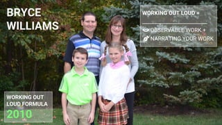 BRYCE
WILLIAMS
WORKING OUT LOUD =
__________________________
OBSERVABLE WORK +
NARRATING YOUR WORK
WORKING OUT
LOUD FORMULA
2010
 