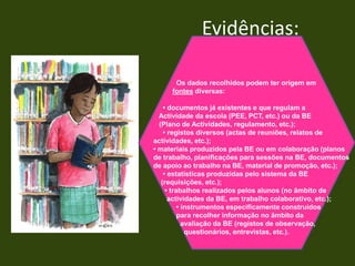  obter a colaboração e o apoio efectivo dos elementos da equipa da BE, dos professores, do órgão de gestão quanto às acções a definir para melhoria da BE e as mudanças a operar.O Modelo de Auto-avaliação da BE, com base em instrumentos de recolha de evidências, vem sistematizar este tipo de aferição/ medição. É essencial como instrumento orientador de trabalho para o professor bibliotecário: permite definir pontos fortes e fracos da BE  e sugerir acções para melhoria com  base em evidências (Plano de Acção da BE).