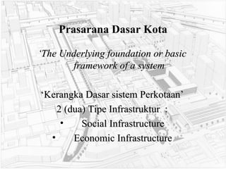 Prasarana Dasar Kota ‘ The Underlying foundation or basic framework of a system ‘ Kerangka Dasar sistem Perkotaan’ 2 (dua) Tipe Infrastruktur  : Social Infrastructure Economic Infrastructure 