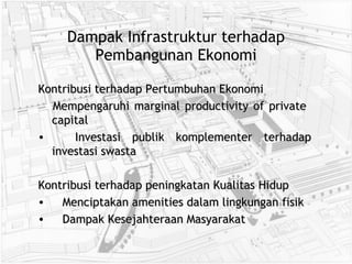 Dampak Infrastruktur terhadap Pembangunan Ekonomi Kontribusi terhadap Pertumbuhan Ekonomi Mempengaruhi marginal productivity of private  capital Investasi publik komplementer terhadap investasi swasta Kontribusi terhadap peningkatan Kualitas Hidup Menciptakan amenities dalam lingkungan fisik Dampak Kesejahteraan Masyarakat 