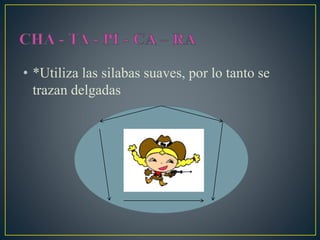 • *Utiliza las silabas suaves, por lo tanto se
trazan delgadas
 