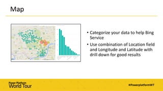 Map
• Categorize your data to help Bing
Service
• Use combination of Location field
and Longitude and Latitude with
drill down for good results
 