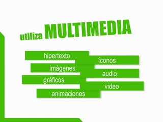 hipertexto 
imágenes 
gráficos 
íconos 
audio 
animaciones 
video  