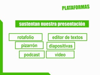 sustentan nuestra presentación 
rotafolio 
pizarrón 
editor de textos 
diapositivas 
podcast 
video  