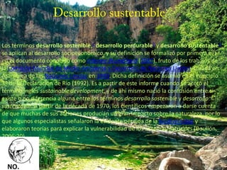 Los términos desarrollo sostenible,1 desarrollo perdurable2 y desarrollo sustentable3 se aplican al desarrollo socioeconómico, y su definición se formalizó por primera vez en el documento conocido como Informe Brundtland (1987), fruto de los trabajos de la Comisión Mundial de Medio Ambiente y Desarrollo de Naciones Unidas, creada en Asamblea de las Naciones Unidas en 1983. Dicha definición se asumió en el Principio 3º de la Declaración de Río (1992). Es a partir de este informe cuando se acotó el término inglés sustainable development, y de ahí mismo nació la confusión entre si existe o no diferencia alguna entre los términos desarrollo sostenible y desarrollo sustentable. A partir de la década de 1970, los científicos empezaron a darse cuenta de que muchas de sus acciones producían un gran impacto sobre la naturaleza, por lo que algunos especialistas señalaron la evidente pérdida de la biodiversidad y elaboraron teorías para explicar la vulnerabilidad de los sistemas naturales (Boullón, 2006:20).  