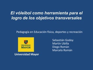 El vóleibol como herramienta para el
logro de los objetivos transversales


  Pedagogía en Educación física, deportes y recreación

                              Sebastián Godoy
                              Martín Ubilla
                              Diego Román
                              Marcelo Román
 Universidad Mayor
 