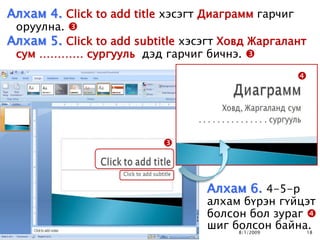 Алхам 4. Click to add title хэсэгт Диаграмм гарчиг
 оруулна. 
Алхам 5. Click to add subtitle хэсэгт Ховд Жаргалант
 сум ………… сургууль дэд гарчиг бичнэ. 
                                                     




                           



                                  Алхам 6. 4-5-р
                                  алхам бүрэн гүйцэт
                                  болсон бол зураг 
                                  шиг болсон байна.
                                        8/1/2009       18
 