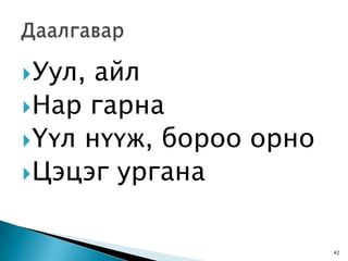 Уул, айл
Нар гарна
Үүл нүүж, бороо орно
Цэцэг ургана



                        42
 