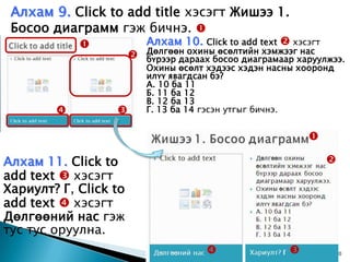Алхам 9. Click to add title хэсэгт Жишээ 1.
 Босоо диаграмм гэж бичнэ. 
                          Алхам 10. Click to add text  хэсэгт
                           Дөлгөөн охины өсөлтийн хэмжээг нас
                          бүрээр дараах босоо диаграмаар харуулжээ.
                           Охины өсөлт хэдээс хэдэн насны хооронд
                           илүү явагдсан бэ?
                           А. 10 ба 11
                           Б. 11 ба 12
                           В. 12 ба 13
                         Г. 13 ба 14 гэсэн утгыг бичнэ.


                                                                 

Алхам 11. Click to                                                   
add text  хэсэгт
Хариулт? Г, Click to
add text  хэсэгт
Дөлгөөний нас гэж
тус тус оруулна.
                                                 8/1/2009          20
 