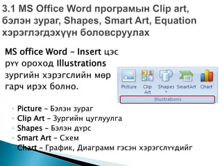MS office Word – Insert цэс
рүү ороход Illustrations
зургийн хэрэгслийн мөр
гарч ирэх болно.

 ◦   Picture – Бэлэн зураг
 ◦   Clip Art – Зургийн цуглуулга
 ◦   Shapes – Бэлэн дүрс
 ◦   Smart Art – Схем
 ◦   Chart – График, Диаграмм гэсэн хэрэгслүүдийг
 