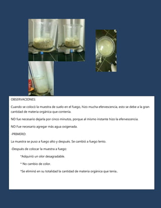 OBSERVACIONES:

Cuando se colocó la muestra de suelo en el fuego, hizo mucha efervescencia, esto se debe a la gran
cantidad de materia orgánica que contenía.

NO fue necesario dejarla por cinco minutos, porque al mismo instante hizo la efervescencia.

NO Fue necesario agregar más agua oxigenada.

-PRIMERO:

La muestra se puso a fuego alto y después. Se cambió a fuego lento.

-Después de colocar la muestra a fuego:

      *Adquirió un olor desagradable.

      * No cambio de color.

      *Se eliminó en su totalidad la cantidad de materia orgánica que tenía..
 