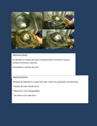 OBSERVACIONES:

Al calendar la muestra de suelo inmediatamente comenzó a mostrar
cambios (comenzó a secarse).

Comenzaba a cambiar de color.




OBSERVACIONES:

Después de calendar la muestra de suelo, mostro las siguientes características:

*Cambio de color (Verde claro)

*Adquirió un olor desagradable.

* Se observa una capa dura.
 
