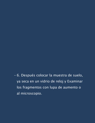 - 6. Después colocar la muestra de suelo,
 ya seca en un vidrio de reloj y Examinar
 los fragmentos con lupa de aumento o
 al microscopio.
 