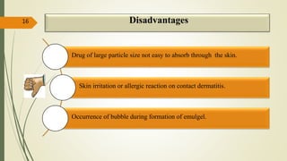 Disadvantages16
Drug of large particle size not easy to absorb through the skin.
Skin irritation or allergic reaction on contact dermatitis.
Occurrence of bubble during formation of emulgel.
 