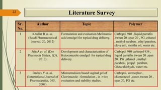 Literature Survey
Sr .
No.
Author Topic Polymer
1 Khullar R et. al.
(Saudi Pharmaceutical
Journal, 20, 2012)
Formulation and evaluation Mefenamic
acid emulgel for topical drug delivery.
Carbopol 940 , liquid parrafin
,tween 20 ,span 20 , PG ,ethanol
, methyl paraben , ethyl paraben,
clove oil , mentha oil, water etc.
2 Jain A et. al. (Der
Pharmacia Sinica, 1(3),
2010)
Development and characterization of
Ketoconazole emulgel for topical drug
delivery.
Carbopol 940 carbopol 934 ,
liquid parrafin ,tween 20 ,span
20 , PG ,ethanol , methyl
paraben , propyl paraben,
Glutaraldehyde, water etc.
3 Bachav Y et. al.
(International Journal of
Pharmaceutics, 365,
2009)
Microemulsion based vaginal gel of
Clotrimazole : formulation , in -vitro
evaluation and stability studies.
Carbopol, cremophor ,
chlorocresol ,water, tween 20 ,
span 20, PG etc.
22
 