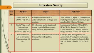 Sr.
no.
Author Topic Polymer
7 Sushil Raut et. al.
(RJPT, 5(1), 2012)
Comparative evaluation of
Zidovudine loaded hydrogel and
emulgel.
AZT, Tween 20, Span 20, Carbopol 940,
Methyl paraben, Propyl paraben, Liquid
paraffin, PG, Ethanol, TEA etc.
8 Singla Vikas et. al.
(International
Pharmaceutica
Sciencia, 2(3), 2012)
Development and evaluation of
topical emulgel of Lornoxicam
using different polymer bases.
Lornoxicam, Carbopol 940 and 934,
HPMC K4M, Tween 20, Span 20,
Liquid paraffin, PG, Methyl paraben,
Propyl paraben, Mentha oil, Water etc.
9 Mahant Sheefali
et. al. (Scientia
Pharmaceutica, 80,
2012)
Formulation and characterization of
Benzoyl Peroxide gellified
emulsion.
Carbopol 940, Benzoyl Peroxide,
Almond oil, Wheat germ oil, Sesame
oil, Jojoba oil, tween 20, Span 60, PG,
MP, PP, Water, Disodim EDTA, BHT
etc.
24
Literature Survey
 
