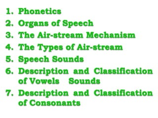 1. Phonetics
2. Organs of Speech
3. The Air-stream Mechanism
4. The Types of Air-stream
5. Speech Sounds
6. Description and Classification
of Vowels Sounds
7. Description and Classification
of Consonants
 