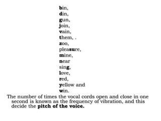 bin,
din,
gun,
join,
vain,
them, .
zoo,
pleasure,
mine,
near
sing,
love,
red,
yellow and
win.
The number of times the vocal cords open and close in one
second is known as the frequency of vibration, and this
decide the pitch of the voice.
 