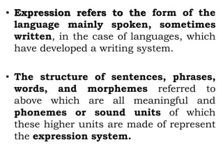 • Expression refers to the form of the
language mainly spoken, sometimes
written, in the case of languages, which
have developed a writing system.
• The structure of sentences, phrases,
words, and morphemes referred to
above which are all meaningful and
phonemes or sound units of which
these higher units are made of represent
the expression system.
 