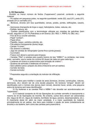 CURSO DE PRECURSOR PARAQUEDISTA – ORIENTAÇÃO AO CANDIDATO
PRECEDE, GUIA E LIDERA!
26
b. Kit Operações
Dividido no menor número de fardos (“tupperware”) possível, contendo o seguinte
material:
- Pó xadrez em pequenos potes, na seguinte quantidade: verde (02), azul (01), preto (01),
amarelo (01) e vermelho (01);
- Bonecos, árvores (em boa quantidade), cercas, postes, pontes, edificações, casario,
etc.
- Aeronaves (transporte de tropa e caça), helicópteros, botes, viaturas, etc.
- Estilete, tesoura, etc.
- Cartões plastificados com a terminologia utilizada em missões de patrulhas (bem
visível), segundo o C 21-75 (Patrulhas) e em branco; (Ex: REC 1, PRPO, N, OBJ, etc.)
- Fios de lã ou crochê coloridos;
- Papel “contact”;
- Papel ofício;
- Papelão, isopor, cartolina colorida, etc.
- Fita adesiva transparente (durex) larga;
- Caneta “4 cores”;
- Giz (branco e colorido);
- Jogo de canetas de retroprojetor (ponta fina e ponta grossa);
- Curvímetro
- Frasco com álcool e pano(s) para limpeza;
- Canetas “Pilot” e canetas para quadro branco do tipo “WBM-7” ou similares, nas cores
preto, vermelho, azul e verde (no mínimo 02 (duas) de cada cor para cada tipo);
- Lisolenes em branco e preenchidos para emissão de ordens *;
- Quadros de azimutes e distâncias em branco *;
- Saco plástico para o preparo da areia (misturá-la com pó xadrez).
- Corretor de texto
- Caneta lumicolor
* Preparados segundo a orientação do instrutor de infiltração.
Obs:
1) Os itens para mobiliar o caixão de areia (bonecos, árvores, construções, viaturas,
aeronaves, etc.) devem ser de uma escala pequena. Os bonecos “amigos” devem ser
identificados com o número dos alunos (bem visível), devendo haver, ainda, uma pequena
sobra de bonecos sem essa identificação;
2) Os lisolenes e as canetas Pilot e WBM-7 não deverão ser acondicionados em
“tupperware”;
3) O material constante do Kit de Operações do cunhete vermelho é basicamente o
mesmo do kit de Operações da mochila. No entanto, outros itens devem ser adicionados
(Ex: régua de 50 cm, régua de madeira, borrifador de água, peneira, desempenadeira, etc.).
O importante deste kit, além da maior variedade, é a maior quantidade do material,
principalmente do pó xadrez, dos itens para mobiliar o caixão de areia (notadamente as
árvores) e do lisolene, bem como das canetas para preenchê-lo.
 