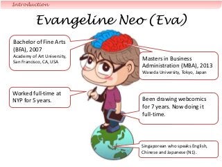 Evangeline Neo (Eva)
Introduction
Bachelor of Fine Arts
(BFA), 2007
Academy of Art University,
San Francisco, CA, USA
Masters in Business
Administration (MBA), 2013
Waseda University, Tokyo, Japan
Been drawing webcomics
for 7 years. Now doing it
full-time.
Worked full-time at
NYP for 5 years.
Singaporean who speaks English,
Chinese and Japanese (N1).
 