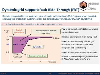 3303/02/15 Antonio Moreno Muñoz. Área de Electrónica. Universidad de Córdoba.
Dynamic grid support:Fault Ride-Through (FRT)
Remain connected to the system in case of faults in the network (3/2/1 phase short circuits),
allowing the protection system to clear the default (low voltage ride-through capability):
 Voltage–time at the connection point to be supported (P.O.12.3) :
Power consumption (P,Q) limited during
fault and recovery.
Reactive power production during fault
Lower restriction during 150 ms (7.5
cycles for 50Hz systems) after fault
inception and fault clearing
Lower restrictions for unbalanced faults.
If after 150 ms voltage stays below Limit
2: May disconnect from the grid
Voltage
(pu)
1
0,2
0,5 1 Time (sec)
0,8
0,95 pu
0 15
Clearance of the faultClearance of the faultFault length
Generators must remain
connected
Generators must remain
connected
0,6
2 ph faults2 ph faults
Start of
disturbance
Start of
disturbance
 