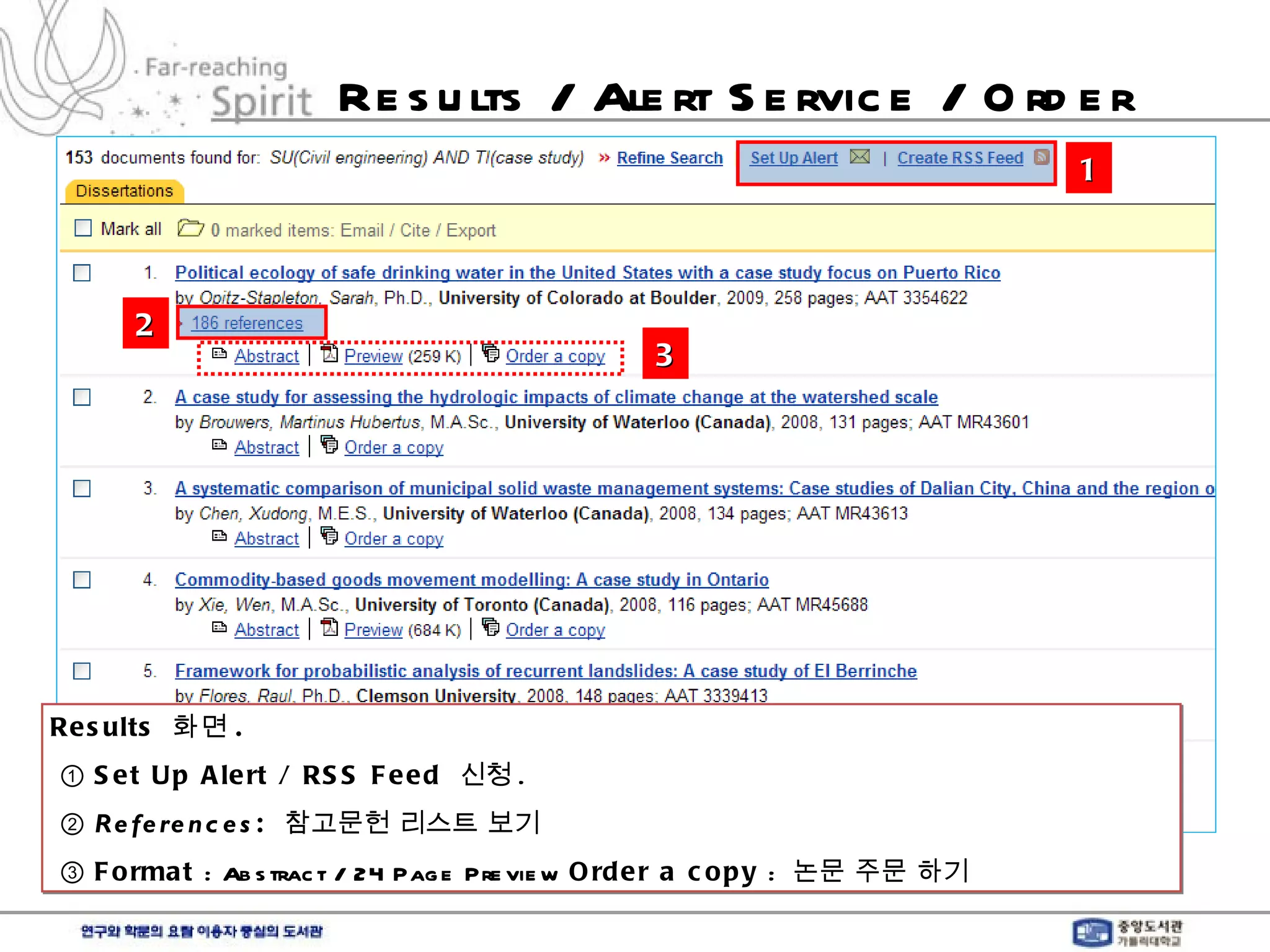Results / Alert Service / Order Results  화면 .   ①  Set Up Alert / RSS Feed  신청 . ②  References :  참고문헌 리스트 보기 ③  Format  : Abstract / 24 Page Preview  Order a copy  :  논문 주문 하기 1 2 3 