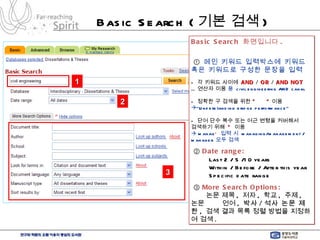 Basic Search ( 기본 검색 ) Basic Search  화면입니다 .   ①  메인 키워드 입력박스에 키워드  혹은 키워드로 구성한 문장을 입력 -  각 키워드 사이에  AND  /  OR  /  AND NOT … 연산자 이용     civil engineering AND canal -  정확한 구 검색을 위한  “  “  이용  “ Understanding bridge performance” -  단어 단수 복수 또는 어근 변형을 커버해서 검색하기 위해  *   이용    manag *   입력 시  managing/management / manager  모두 검색 ②  Date range:    Last 2 / 5 /10 years   Within / Before / After this year   Specific date range ③  More Search Options:   논문 제목 ,  저자 ,  학교 ,  주제 ,  논문  언어 ,  박사 / 석사 논문 제한 ,  검색 결과 목록 정렬 방법을 지정하여 검색 .  1 2 3 