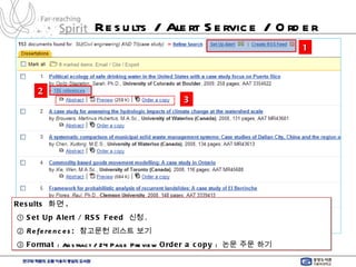 Results / Alert Service / Order Results  화면 .   ①  Set Up Alert / RSS Feed  신청 . ②  References :  참고문헌 리스트 보기 ③  Format  : Abstract / 24 Page Preview  Order a copy  :  논문 주문 하기 1 2 3 