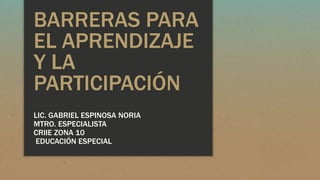 BARRERAS PARA
EL APRENDIZAJE
Y LA
PARTICIPACIÓN
LIC. GABRIEL ESPINOSA NORIA
MTRO. ESPECIALISTA
CRIIE ZONA 10
EDUCACIÓN ESPECIAL
 
