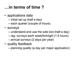 …in terms of time ?
• applications data
– initial set up (half a day)
– each quarter (couple of hours)
• surveys
– underst...