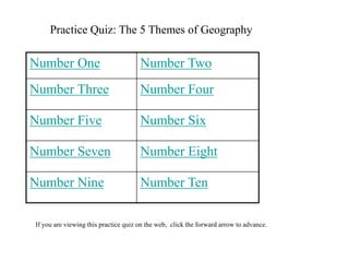 Practice Quiz: The 5 Themes of Geography 
Number One Number Two 
Number Three Number Four 
Number Five Number Six 
Number Seven Number Eight 
Number Nine Number Ten 
If you are viewing this practice quiz on the web, click the forward arrow to advance. 
 