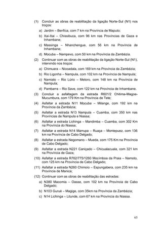 (1)    Concluir as obras de reabilitação da ligação Norte-Sul (N1) nos
       troços:
      a) Jardim – Benfica, com 7 km na Província de Maputo;
      b) Xai-Xai – Chissibuca, com 96 km nas Províncias de Gaza e
         Inhambane;
      c) Massinga – Nhanchengue, com 56 km na Província de
         Inhambane;
      d) Mocuba – Nampevo, com 50 km na Província da Zambézia.
(2)    Continuar com as obras de reabilitação da ligação Norte-Sul (N1),
       intervindo nos troços:
      a) Chimuara – Nicoadala, com 169 km na Província da Zambézia;
      b) Rio Ligonha – Nampula, com 102 km na Província de Nampula;
      c) Namialo – Rio Lúrio – Metoro, com 148 km na Província de
         Nampula;
      d) Pambarra – Rio Save, com 122 km na Província de Inhambane.
(3)    Concluir a asfaltagem da estrada R601/2 Chitima-Magoe-
       Mucumbura, com 179 Km na Província de Tete;
(4)    Asfaltar a estrada N11 Mocuba – Milange, com 192 km na
       Província da Zambézia;
(5)    Asfaltar a estrada N13 Nampula – Cuamba, com 350 km nas
       Províncias de Nampula e Niassa;
(6)    Asfaltar a estrada Lichinga – Mandimba – Cuamba, com 302 Km
       na Província do Niassa;
(7)    Asfaltar a estrada N14 Marrupa – Ruaça – Montepuez, com 136
       km na Província de Cabo Delgado;
(8)    Asfaltar a estrada Negomano – Mueda, com 175 Km na Província
       de Cabo Delgado;
(9)    Asfaltar a estrada N221 Caniçado – Chicualacuala, com 321 km
       na Província de Gaza;
(10) Asfaltar a estrada R762/775/1260 Mocímboa da Praia – Namoto,
     com 125 km na Província de Cabo Delgado;
(11) Asfaltar a estrada N260 Chimoio – Espungabera, com 235 km na
     Província de Manica;
(12) Continuar com as obras de reabilitação das estradas:
      a) N380 Macomia – Oasse, com 102 km na Província de Cabo
         Delgado;
      b) N103 Gurué – Magige, com 35km na Província da Zambézia;
      c) N14 Lichinga – Litunde, com 67 km na Província do Niassa.




                                                                     65
 