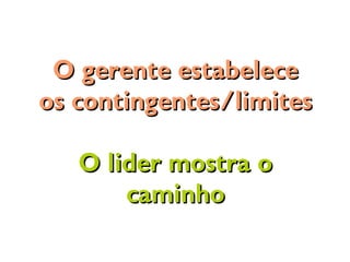O gerente estabeleceO gerente estabelece
os contingentes/limitesos contingentes/limites
O lider mostra oO lider mostra o
caminhocaminho
 