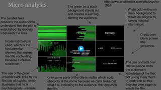 Micro analysis
Credit over
blank screen
title
sequence.
White bold writing on
black background to
create an enigma by
having minimal
information.
The use of the green
unstable bars, links to the
film title of psycho, which
illustrates that he is
psychologically unstable.
The green on a black
background stands out
and creates a warning,
alerting the audience.
The use of credit over
title sequence limits
the audience’s
knowledge of the film,
not giving them much
to work with so that
they are then eager to
watch the film.
Incidental music is
used, which is the
fundamental
element that makes
the title captivating,
because it creates
suspense.
The parallel lines
positions the audience to
understand that the plot is
established by reading
inbetween the lines.
Only some parts of the title is visible which adds
obscurity of the name because we can’t make out
what it is, indicating to the audience, the tension in
the film.
http://www.artofthetitle.com/title/psycho-
1998/
 