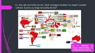 11. Elas são da Coréia do Sul. Você consegue localizar no mapa? Localize
o Brasil. É perto ou longe da Coréia do Sul?
E.L 11. Relação de
novas informações ao
conhecimento prévio.
 