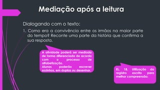 Mediação após a leitura
Dialogando com o texto:
1. Como era a convivência entre os irmãos na maior parte
do tempo? Reconte uma parte da história que confirma a
sua resposta.
A atividade poderá ser mediada
de forma diferenciada de acordo
com o processo de
alfabetização.
Alunos poderão escrever
sozinhos, em duplas ou desenhar. EL. 18. Utilização do
registro escrito para
melhor compreensão;
 