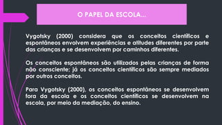 Vygotsky (2000) considera que os conceitos científicos e
espontâneos envolvem experiências e atitudes diferentes por parte
das crianças e se desenvolvem por caminhos diferentes.
Os conceitos espontâneos são utilizados pelas crianças de forma
não consciente; já os conceitos científicos são sempre mediados
por outros conceitos.
Para Vygotsky (2000), os conceitos espontâneos se desenvolvem
fora da escola e os conceitos científicos se desenvolvem na
escola, por meio da mediação, do ensino.
O PAPEL DA ESCOLA...
 
