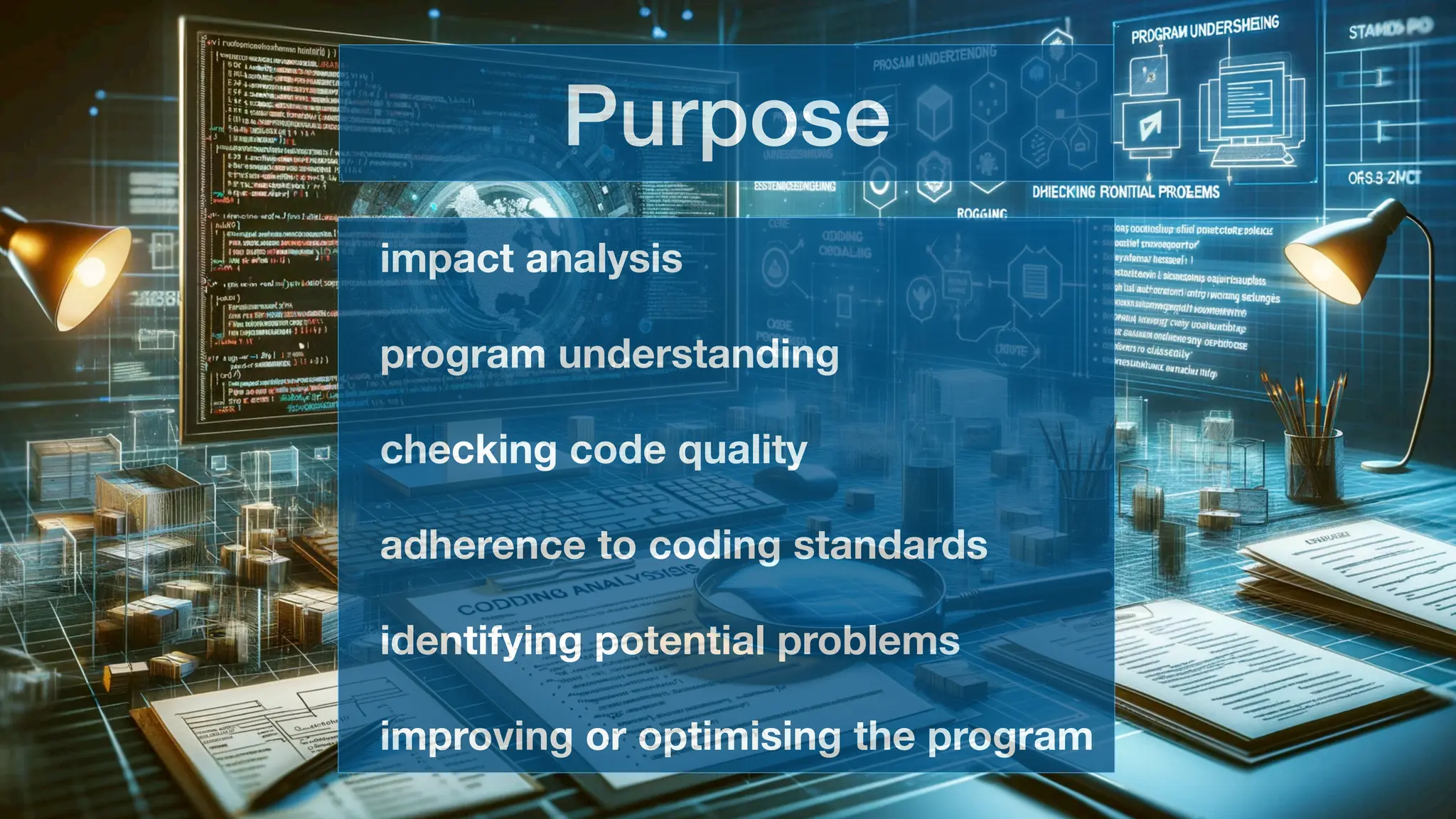 Purpose
impact
program
checking
adherence
identifying
improving
 