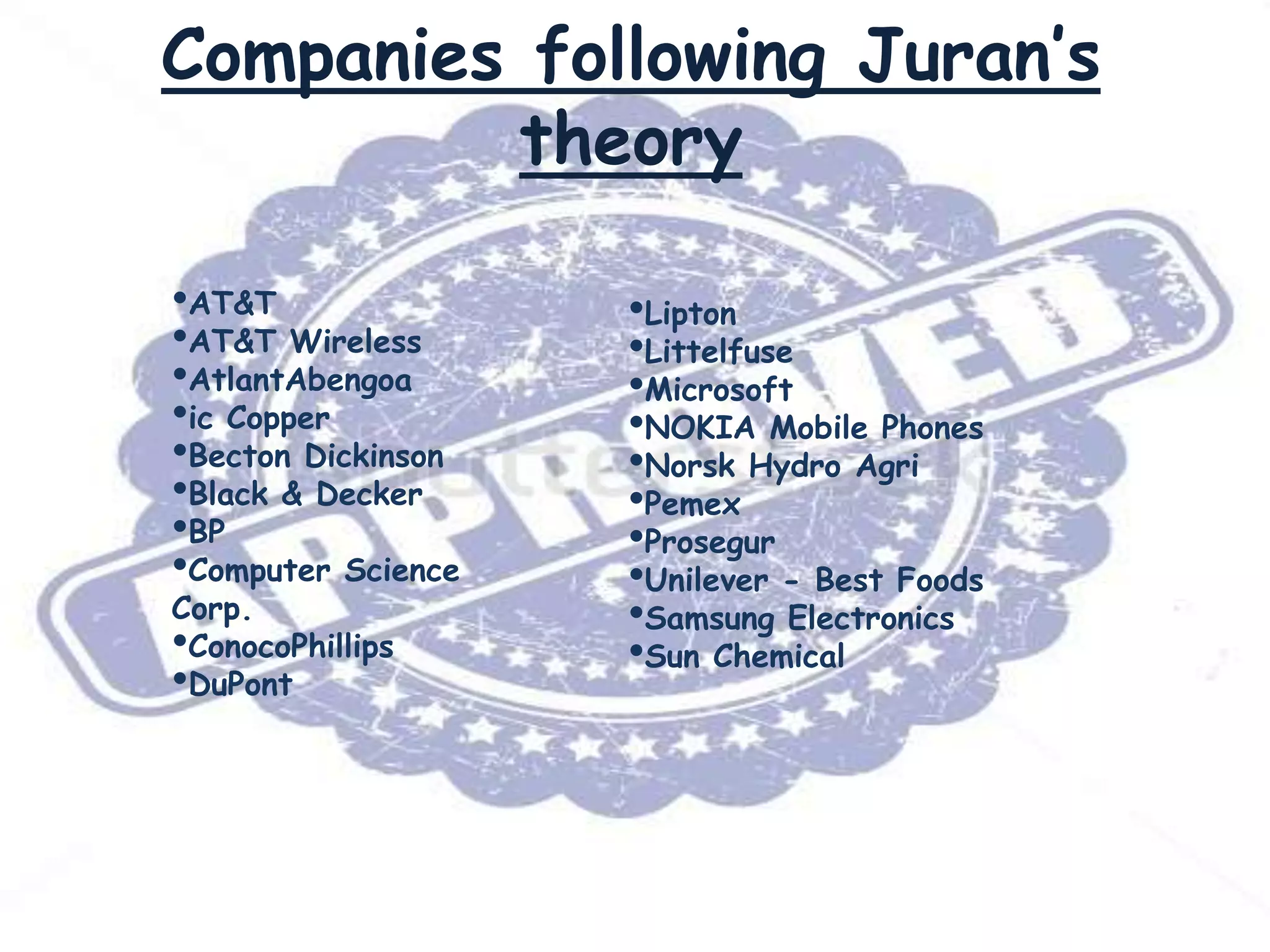 Companies following Juran’s
theory
•AT&T
•AT&T Wireless
•AtlantAbengoa
•ic Copper
•Becton Dickinson
•Black & Decker
•BP
•Computer Science
Corp.
•ConocoPhillips
•DuPont

•Lipton
•Littelfuse
•Microsoft
•NOKIA Mobile Phones
•Norsk Hydro Agri
•Pemex
•Prosegur
•Unilever - Best Foods
•Samsung Electronics
•Sun Chemical

 
