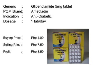 Generic :  Glibenclamide 5mg tablet PQM Brand:  Amecladin Indication :  Anti-Diabetic Dosage :  1 tab/day Buying Price :  Php 4.00  Selling Price :  Php 7.50 Profit    : Php 3.50 