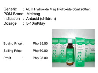 Generic :  Alum Hydroxide Mag Hydroxide 60ml 200mg PQM Brand:  Melmag Indication :  Antacid (children) Dosage :  5-10ml/day Buying Price :  Php 35.00  Selling Price :  Php 60.00 Profit    : Php 25.00 
